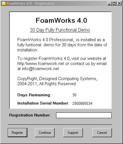 FoamWorks 4.0 Registration Menu